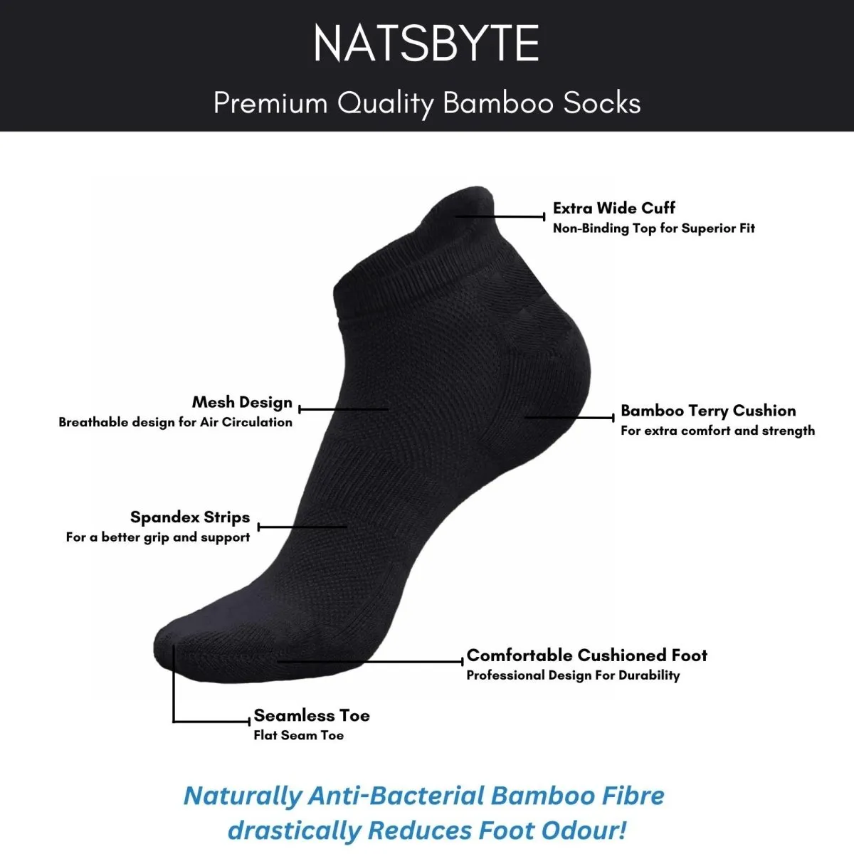 Bamboo Fiber Unisex Ankle Socks (Odour Free) - Black