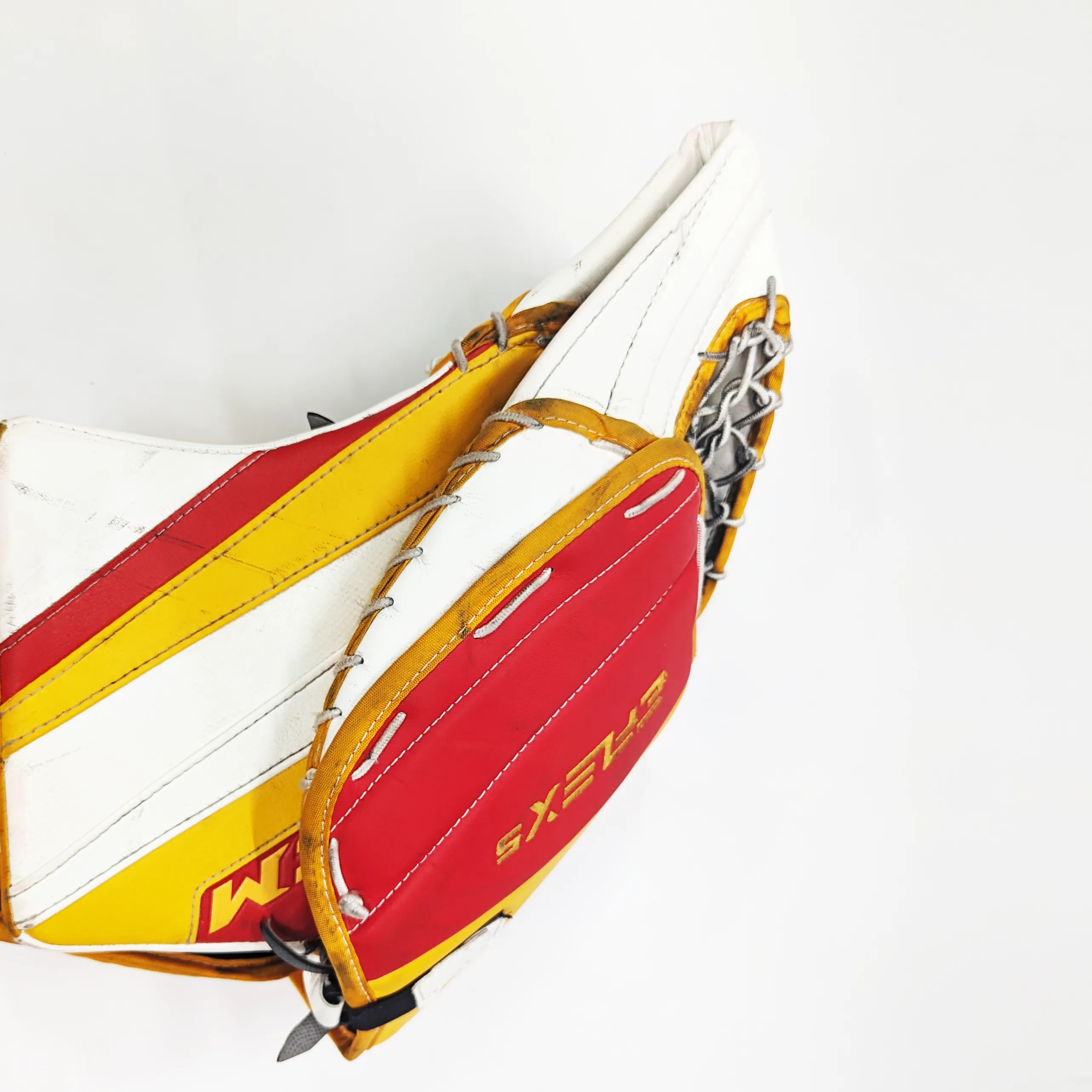 CCM Extreme Flex 5 - Used AHL Pro Stock Goalie Pads (White/Red/Yellow)