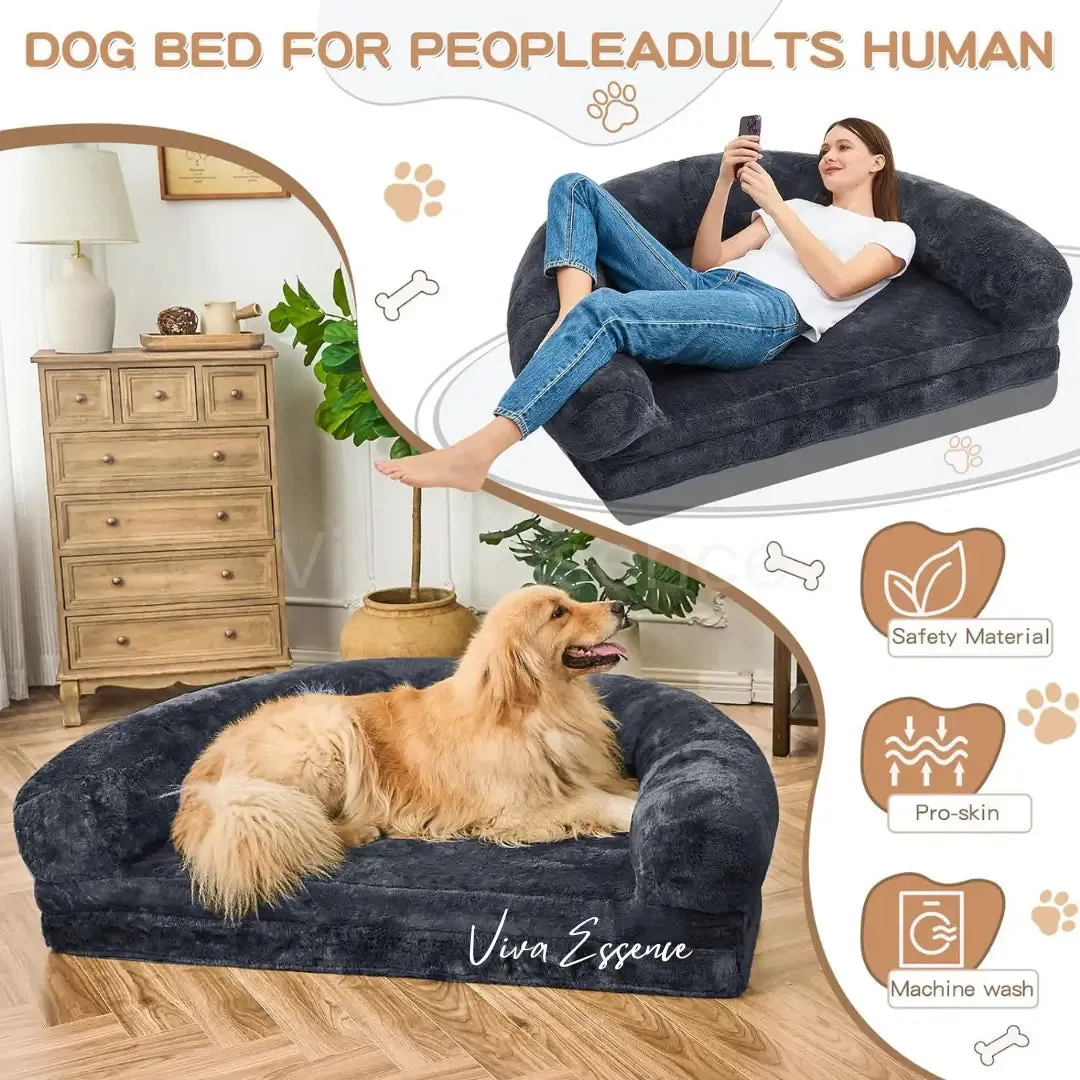 Giant Calming Orthopedic Human Dog Bed, Plush Faux Fur