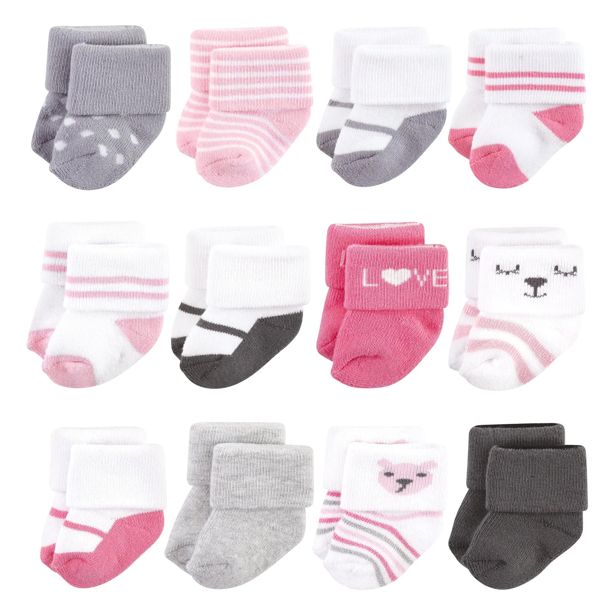 Hudson Baby Cotton Rich Newborn and Terry Socks, Bear Girl 12-Pack