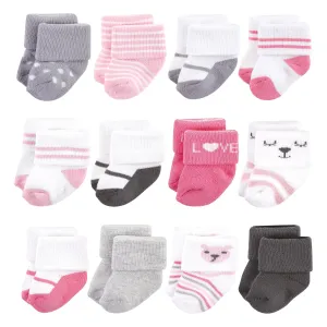 Hudson Baby Cotton Rich Newborn and Terry Socks, Bear Girl 12-Pack