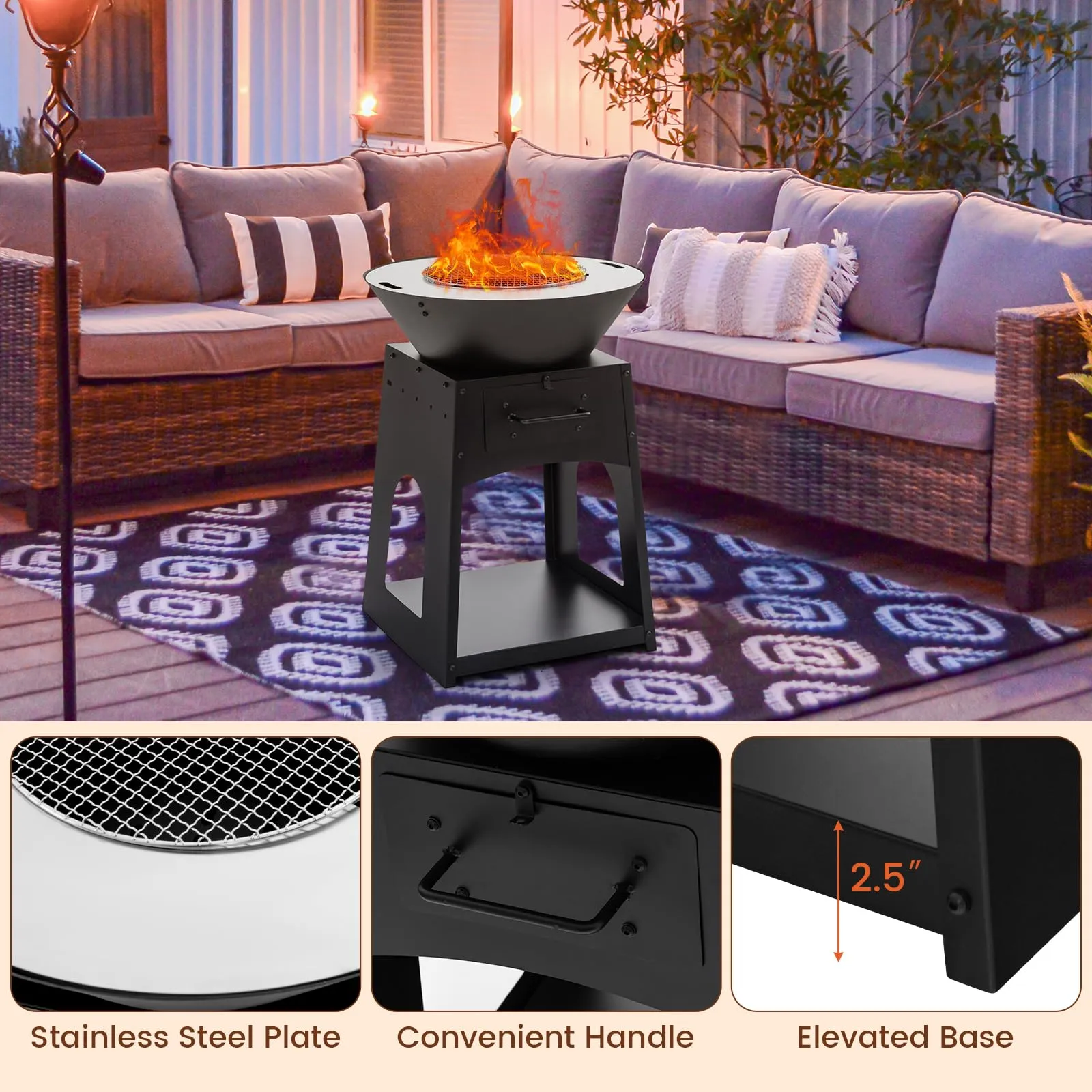 Tangkula Outdoor Fire Pit with Storage, Patio Wood Burning Fireplace with Grill & Ash Box, Spacious Bottom Storage Compartment