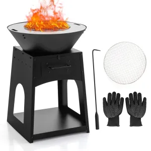 Tangkula Outdoor Fire Pit with Storage, Patio Wood Burning Fireplace with Grill & Ash Box, Spacious Bottom Storage Compartment
