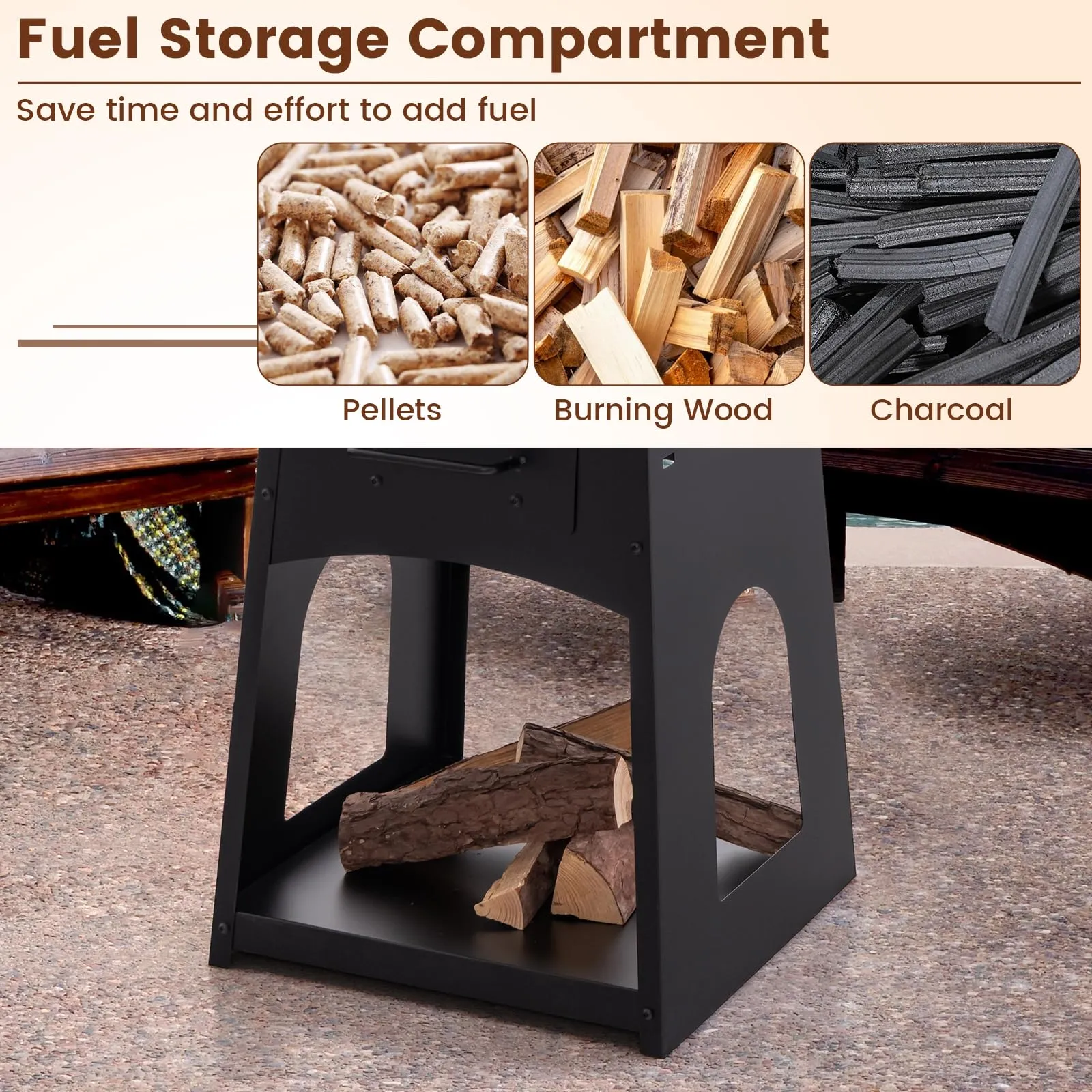 Tangkula Outdoor Fire Pit with Storage, Patio Wood Burning Fireplace with Grill & Ash Box, Spacious Bottom Storage Compartment