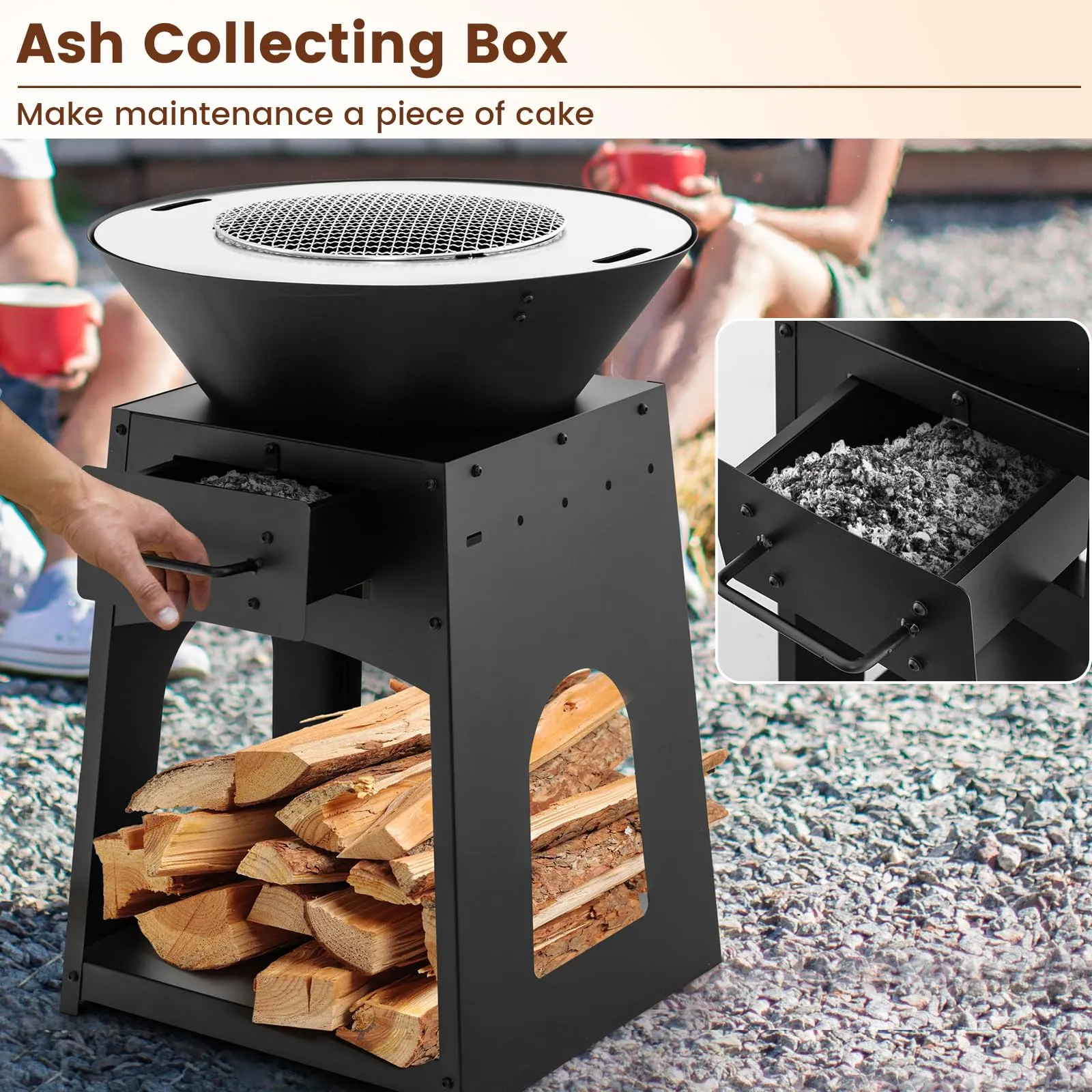 Tangkula Outdoor Fire Pit with Storage, Patio Wood Burning Fireplace with Grill & Ash Box, Spacious Bottom Storage Compartment