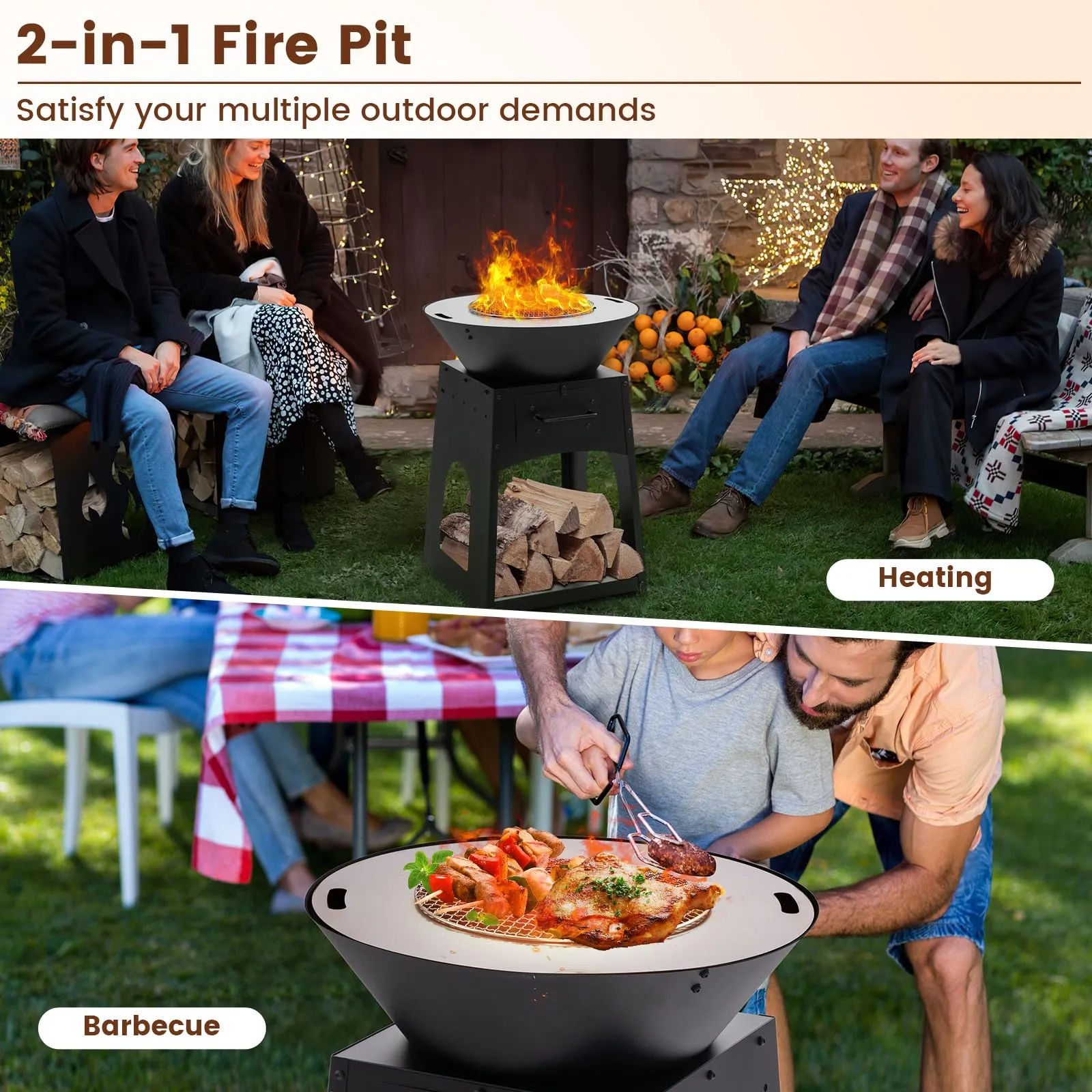 Tangkula Outdoor Fire Pit with Storage, Patio Wood Burning Fireplace with Grill & Ash Box, Spacious Bottom Storage Compartment