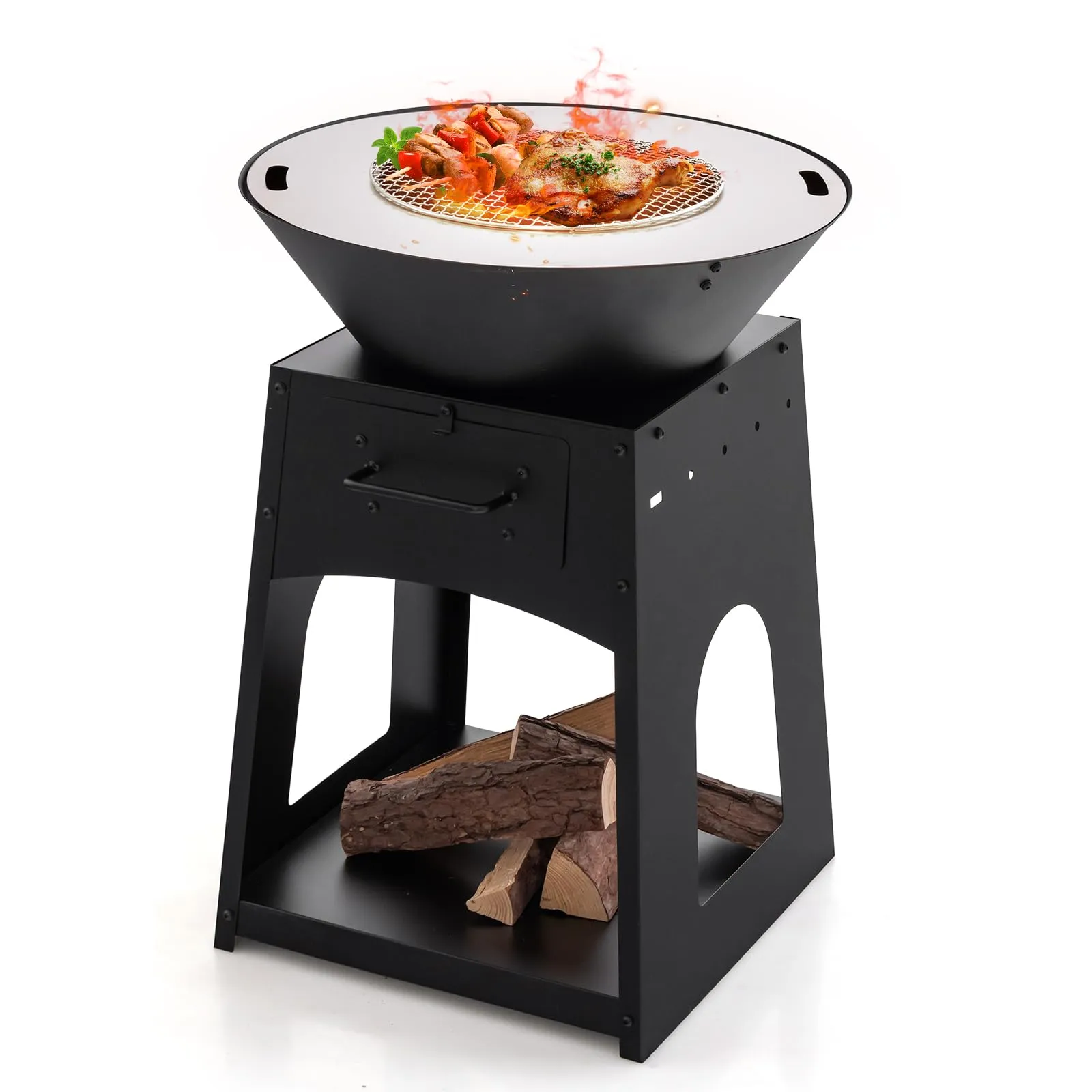 Tangkula Outdoor Fire Pit with Storage, Patio Wood Burning Fireplace with Grill & Ash Box, Spacious Bottom Storage Compartment
