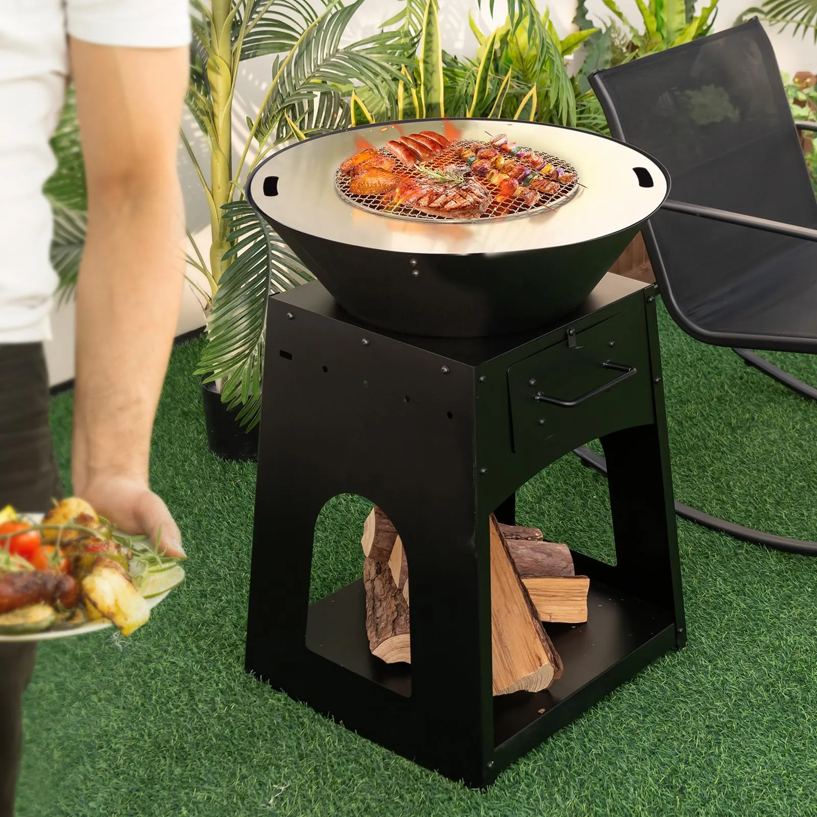Tangkula Outdoor Fire Pit with Storage, Patio Wood Burning Fireplace with Grill & Ash Box, Spacious Bottom Storage Compartment