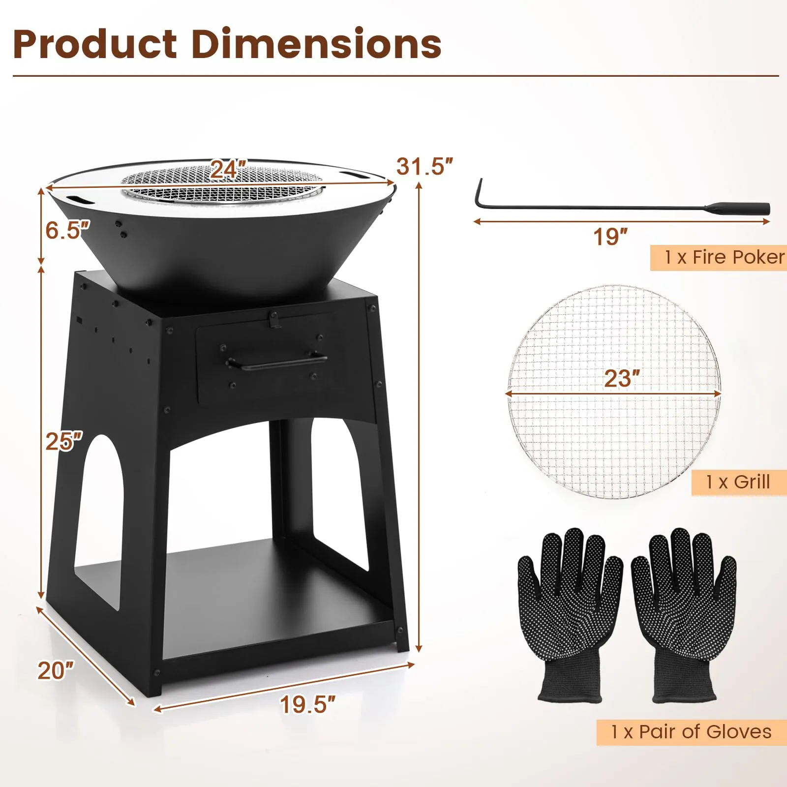 Tangkula Outdoor Fire Pit with Storage, Patio Wood Burning Fireplace with Grill & Ash Box, Spacious Bottom Storage Compartment