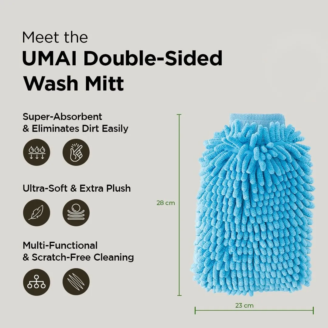 UMAI Microfiber Double-Sided Chenille Wash Mitt 1000 GSM - Super Soft, Ultra-Absorbent, Multipurpose and Double Sided Dusting Gloves for Home Cleaning | Car Cleaning, Windows and Kitchen (Blue)