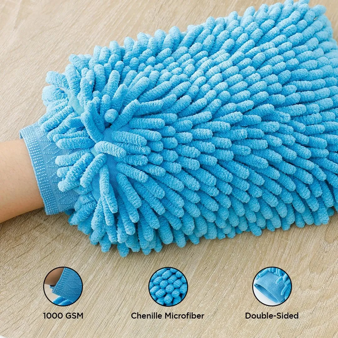 UMAI Microfiber Double-Sided Chenille Wash Mitt 1000 GSM - Super Soft, Ultra-Absorbent, Multipurpose and Double Sided Dusting Gloves for Home Cleaning | Car Cleaning, Windows and Kitchen (Blue)